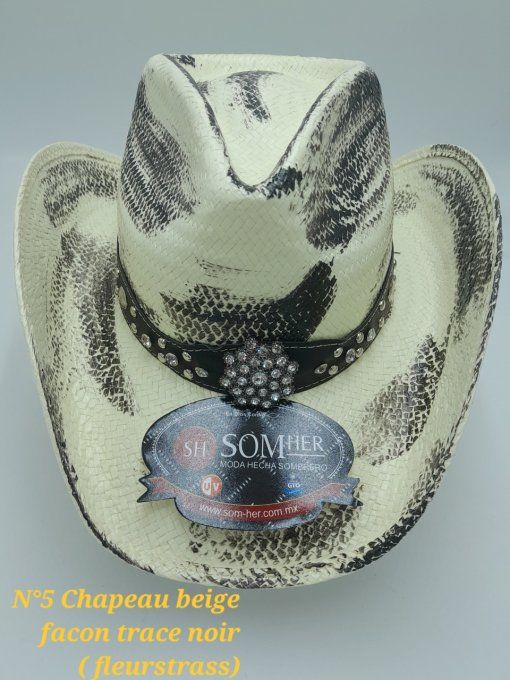 Chapeau beige & noir fleur strass