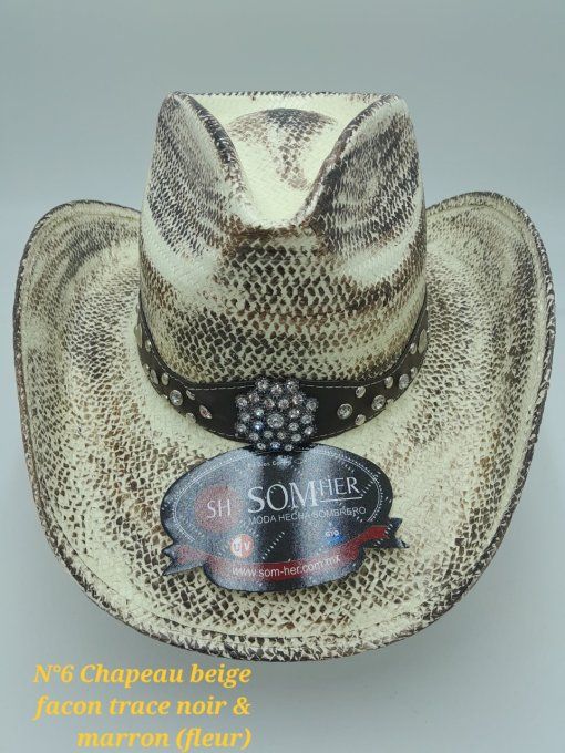 Chapeau beige, noir & marron fleur strass