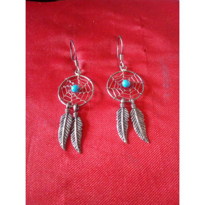 Boucle d'oreilles capteur de rêves 2 plumes