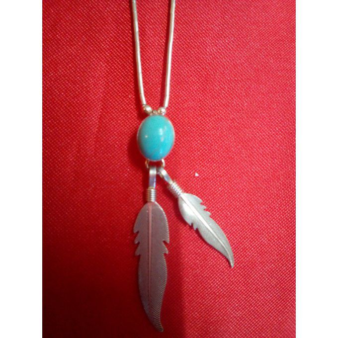 Collier pierre bleu et 2 plumes