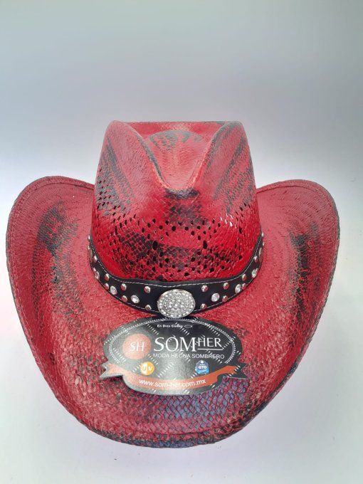 Chapeau rouge/noir avec rond à strass (2)