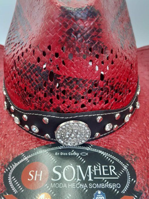 Chapeau rouge/noir avec rond à strass (2)