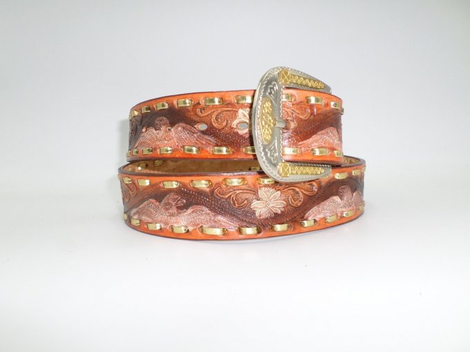 Ceinture marron orangé aigles + fleurs blanche